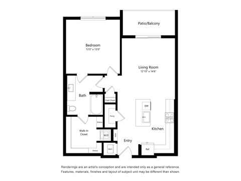 Floor plan for 1 bed, 1 bath, 833 sqft
